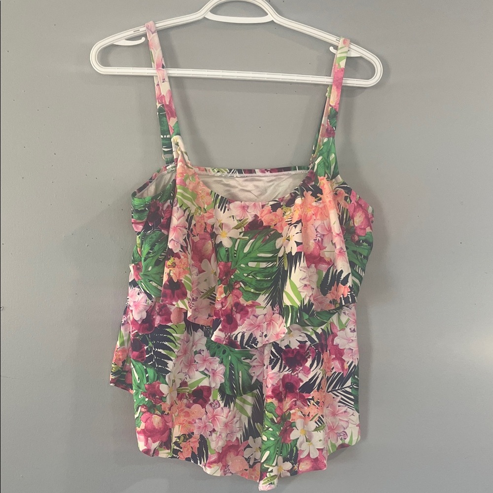 Maxine of Hollywood Pink and Green Floral Swim Top 16W